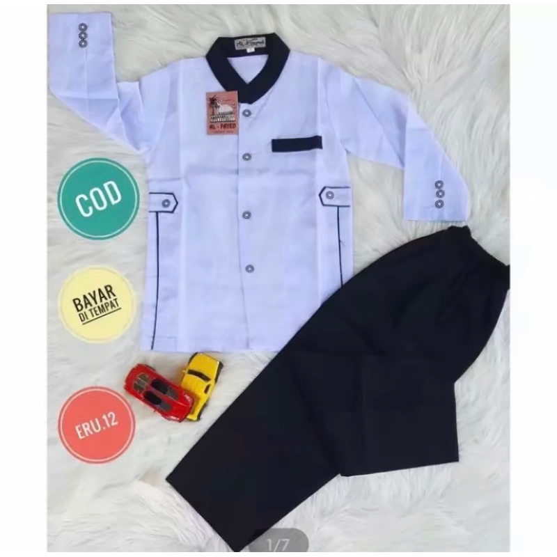 Setelan baju koko putih jasko free peci model saku bobok kain katun tangan panjang sangat nyaman cel