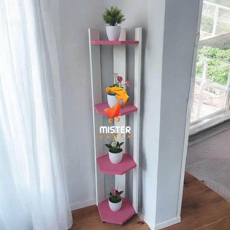 Rak Hexagonal 4 Tingkat Multicolour / Rak Lantai Hias Hexagonal