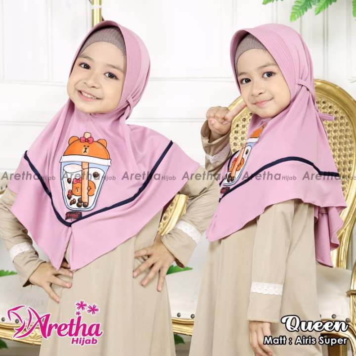 Jilbab Anak Gambar Boba Hijab Queen Boba Bahan Airis Kerudung Umur 3 4 5 6 7 Tahun