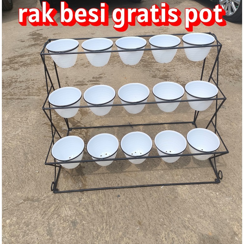 rak besi jumbo besar gratis dengan pot/standing pot besi/rak bunga besi/rak pot bunga