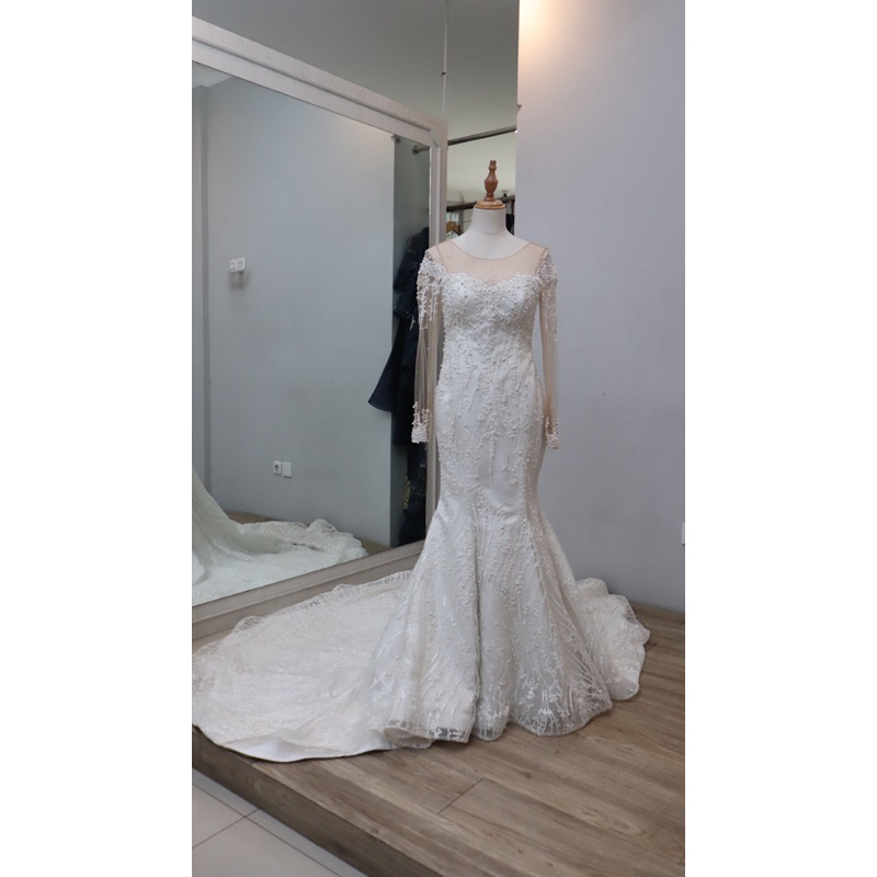 Wedding Gaun Dress Mermaid Mewah Lengan Panjang Rok Mermaid Full Mutiara Kebaya Nikahan Kebaya Akad 