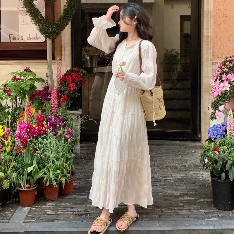 Gaun Sifon Lengan Panjang Musim Gugur Gaya Putri Prancis dress putih polos  M505