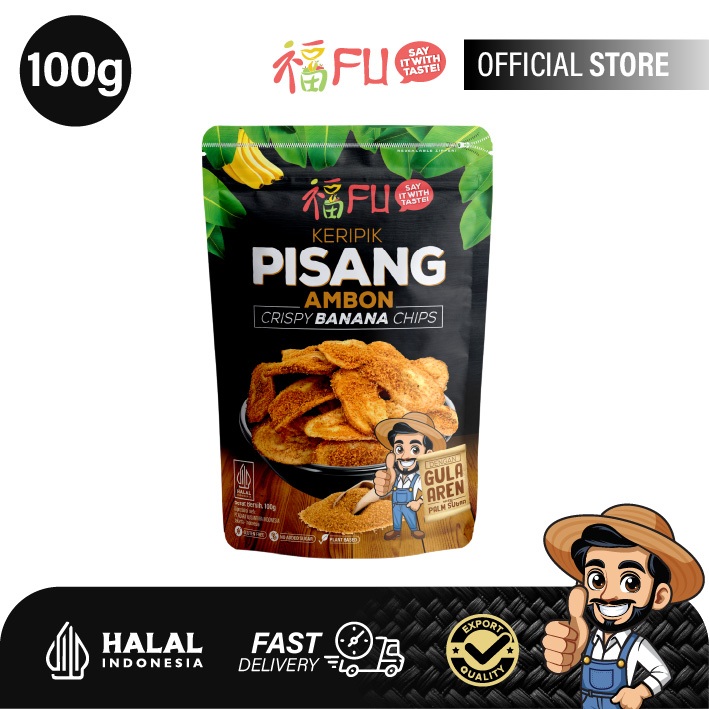 

FU keripik pisang ambon rasa gula aren kualitas export -100 gr / FU crispy Ambon banana chips with palm sugar export quality -100 gr