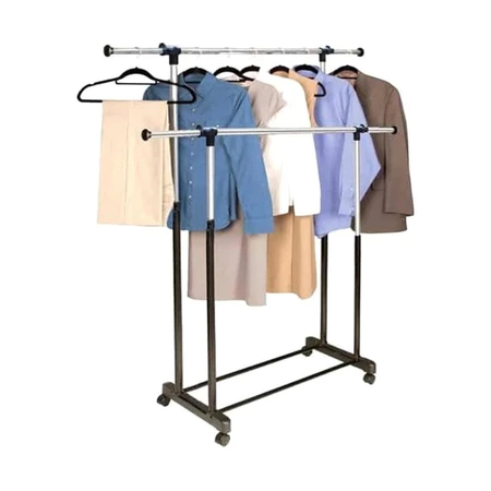 Rak Baju Gantung Rak Gantungan Baju Besi Stand Hanger Double Dengan 4 Roda Rak Pakaian
