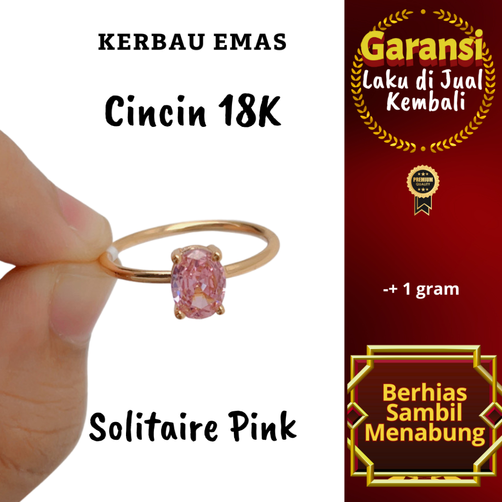 CC 1093 Kerbau Emas Cincin Solitaire Pink Warna 18K Kokoh 1 gram an