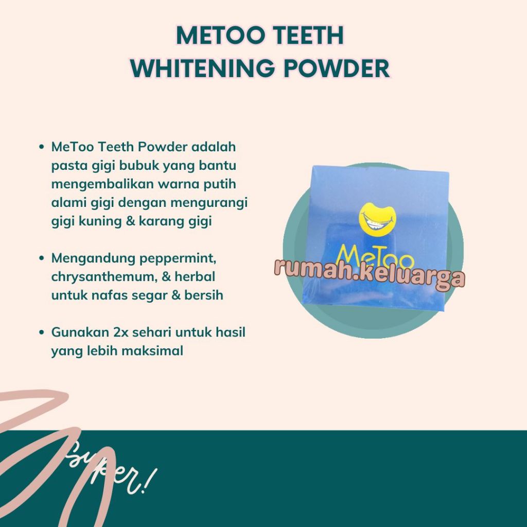 RumahBahagia MeToo Teeth Whitening Powder / Pasta Gigi Probiotik / Pembersih Karang Gigi / Bau Mulut