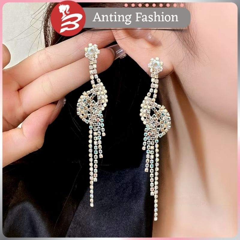 BDT - Anting Tusuk Panjang Wanita Korean Style | Giwang Jurai Kristal Mewah | Aksesoris Pengantin