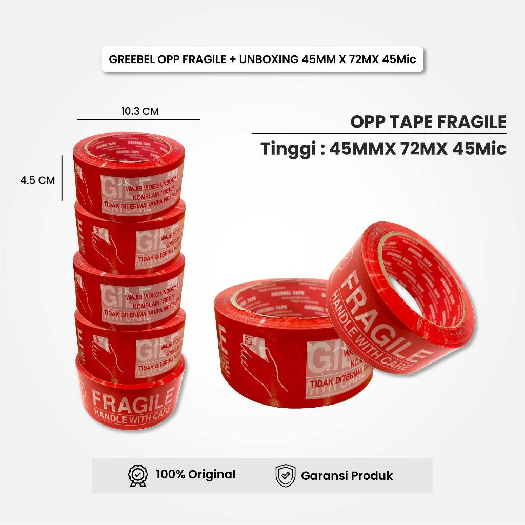 

Lakban Fragile GREEBEL Isolasi Tape 72M / OPP FRAGILE + Unboxing 45MM X 72M X 45Mic