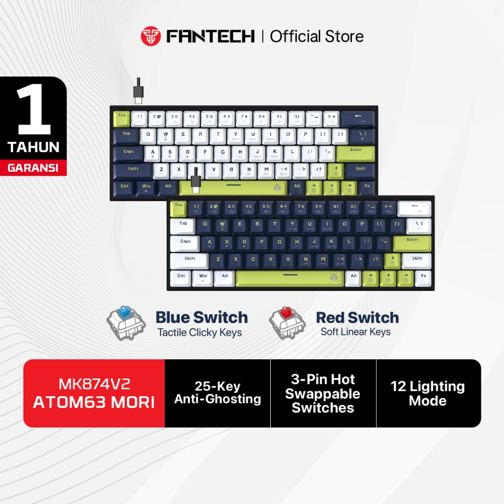 Fantech ATOM MORI SERIES Keyboard Mechanical Gaming ATOM63 Layout 60% Hotswappable 3 Pin RGB Type C