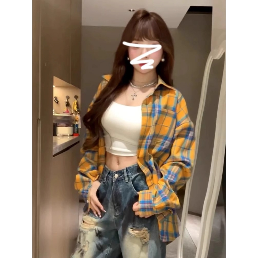 SOSO Kemeja lengan panjang kotak-kotak kuning wanita, kemeja longgar kemeja wanita atasan wanita
