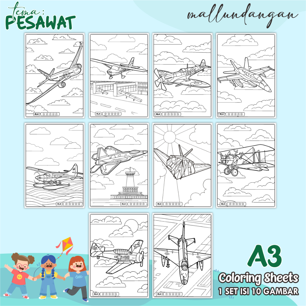 

LEMBARAN MEWARNAI ANAK A3 - TEMA PESAWAT - PAPER COLORING SHEETS FOR KIDS