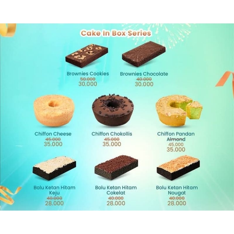 

bolu/cake in Box Seris 2/bolu/makanan/cemilan/chiffon cheese chiffon chocolate/chiffon pandan almond/brownies cocisbrownies chocolate/bolu ketan hitam keju/bolu ketan hitam chocolate/bolu ketan hitam nouget