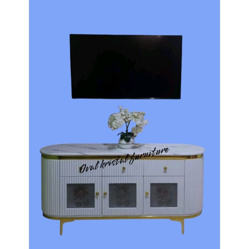 Promo Meja tv oval list gold kaki besi multiplek khusus Jabodetabek