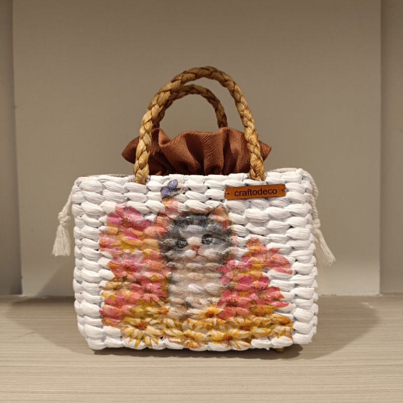 Tas Handmade Anyaman Enceng Gondok Motif Kucing Lucu Straw Bag Tas Cewek