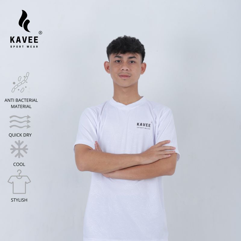 KAVEE Piero Putih Kaos Olahraga Pria Embos Anti Bacterial Baju Running Kaos Lari Gym Fitnes Unisex