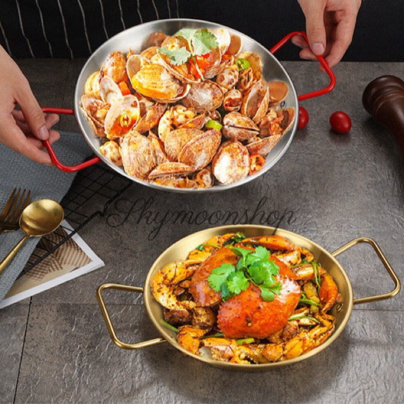 Piring Seafood bergagang bentuk Panci Piring Lauk gagang Unik Stainless Steel Murah Elegan