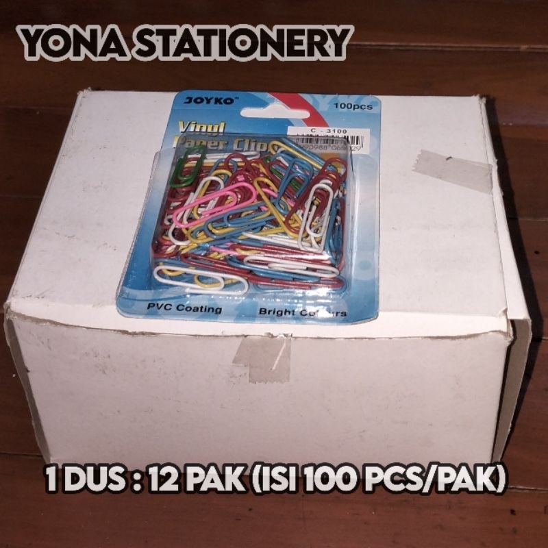 

Paper Klip Vinyl Warna-Warni Joyko / Joyko Vinyl Paper Clips 100 Pcs Perpak — 1 Dus isi 12 Pak