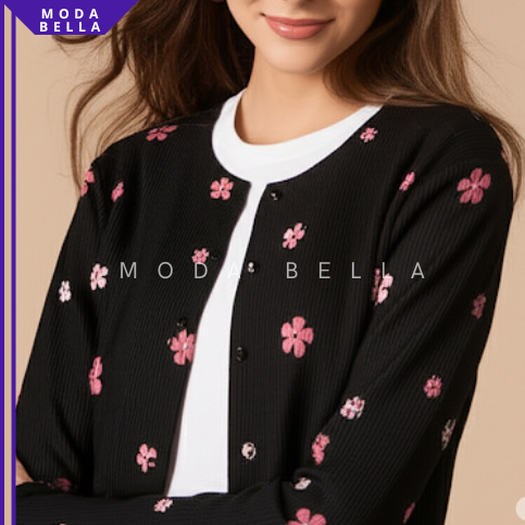 QH Crop Cardigan Rajut Wanita Bunga-Bunga Katun