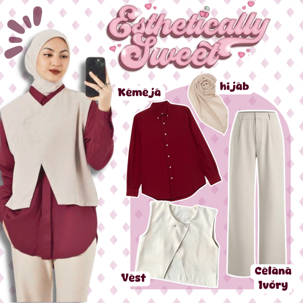 Outfit Hijab Casual Wanita – Kemeja Polos Maroon + Vest Outer Cream + Celana Knit Ivory + Hijab OOtd