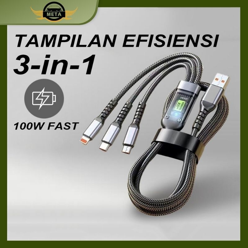Kabel Data 3 in 1 Lightning Tampilan LED Fast Charging Charger Mobil Micro Type-C