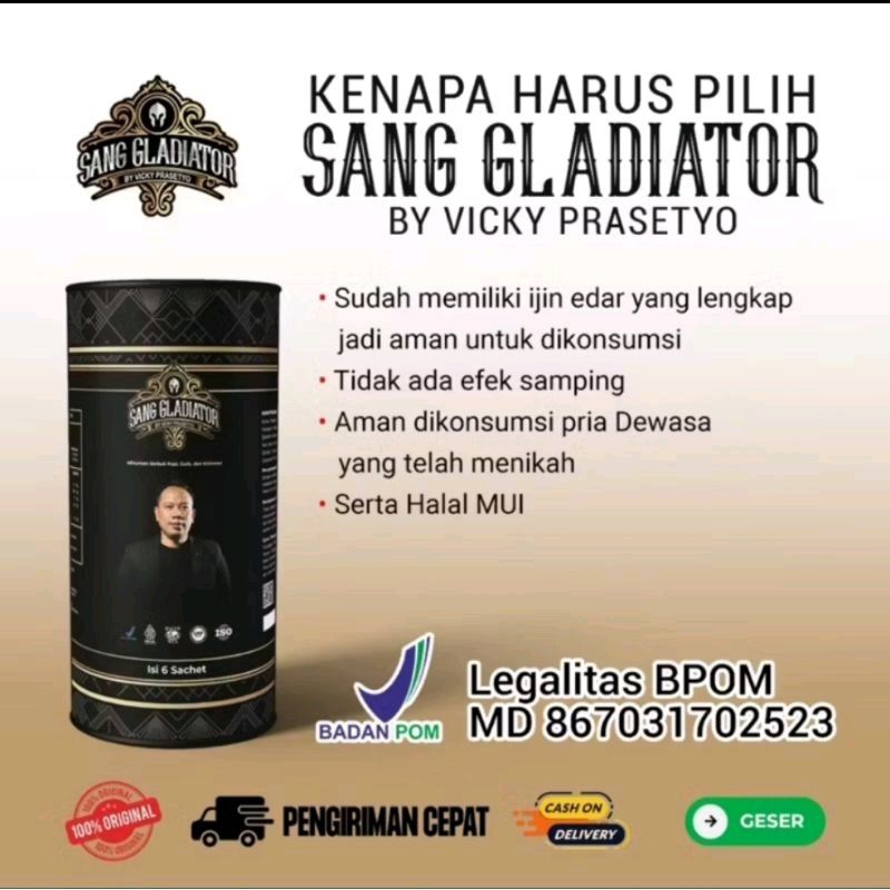 

KOPI SANG GLADIATOR COFFEE BY Vicky Prasetyo Original 1 box isi 6 sachet BPOM