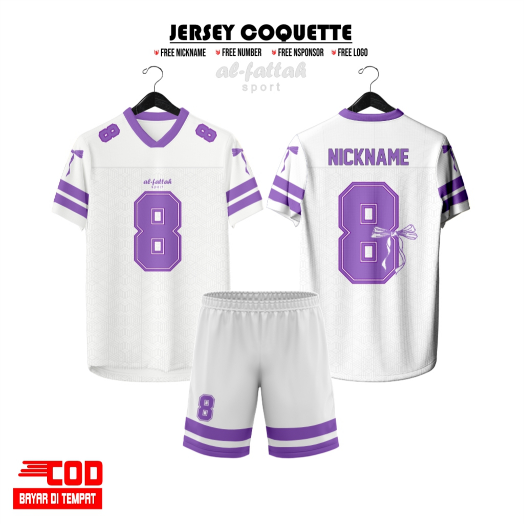 BAJU JERSEY COQUETTE RIBBON KOREA VOLY, FUTSAL, TENIS, BALET UNGU DAN PUTIH FULL PRINTING GRATIS PAS