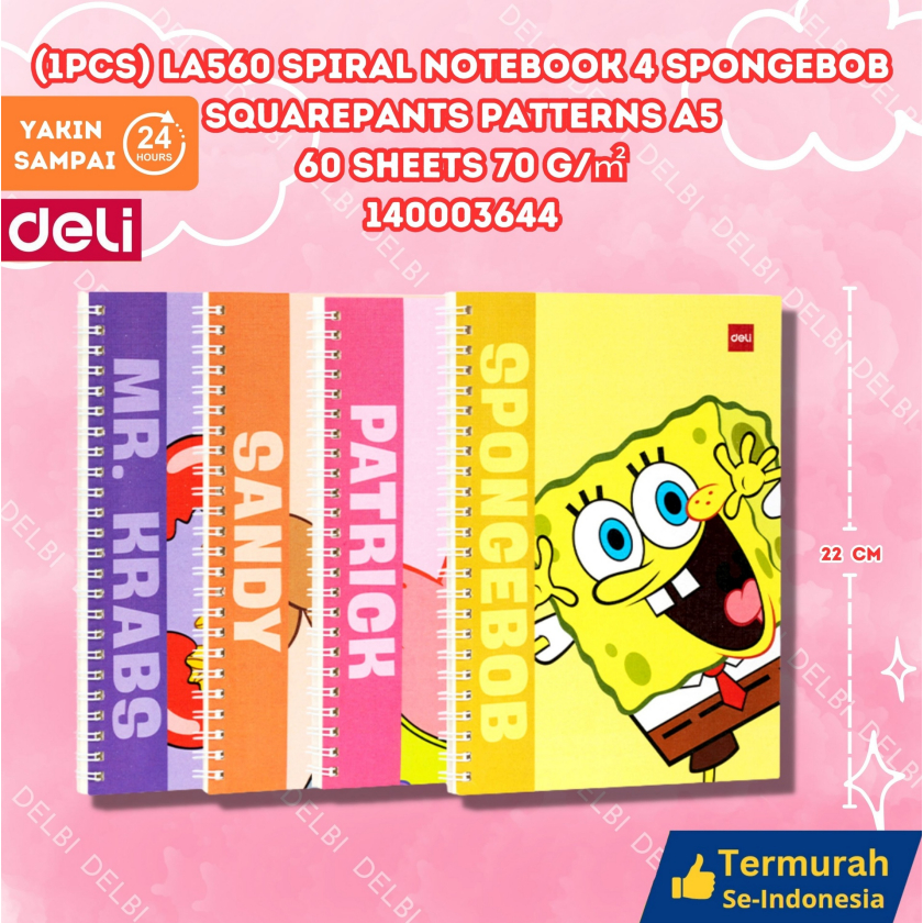 

(1pcs) LA560 Spiral Notebook 4 Spongebob Squarepants patterns A5 60 sheets 70 gm DELI BINDER BUKU TULIS