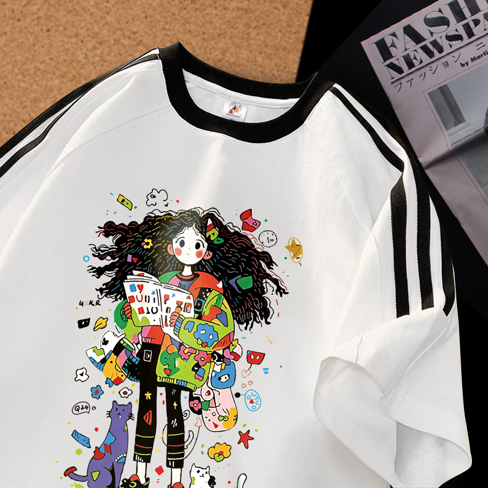 Tshirt Kaos Garis Tiga | Anak Perempuan Baca Buku | Atasan Oversize | Cocok Untuk Daily | 100% Cotto