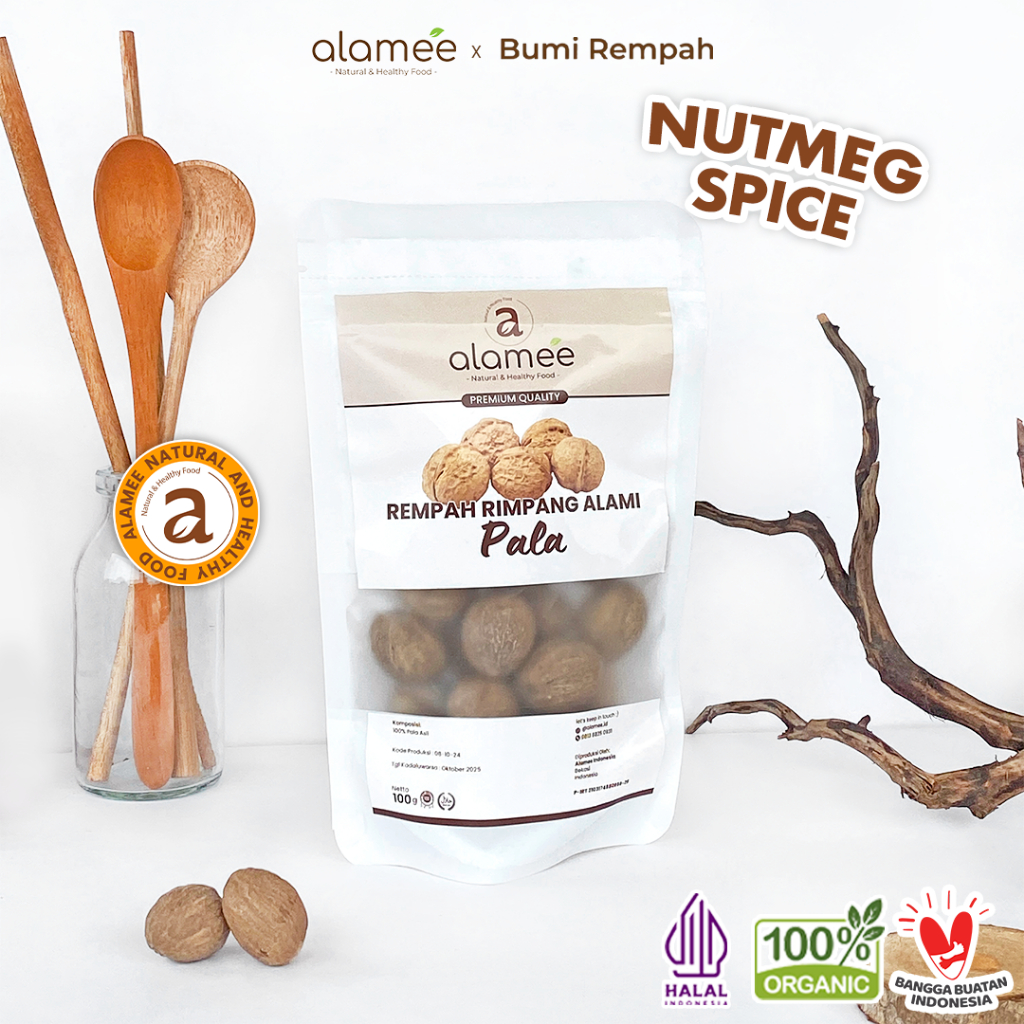

ALAMEE Biji Pala Utuh Rempah Kering Nutmeg Whole Rimpang Organik Alami Bumbu Seasoning Masakan 100gr