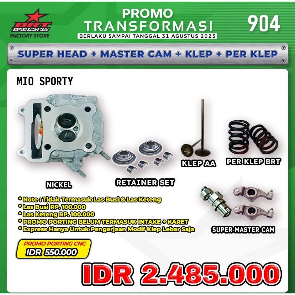 PAKET CYLINDER HEAD + KLEP + PER KLEP + CAM / NOKEN AS + RRA MIO SOUL KARBU / MIO SPORTY / MIO SMILE