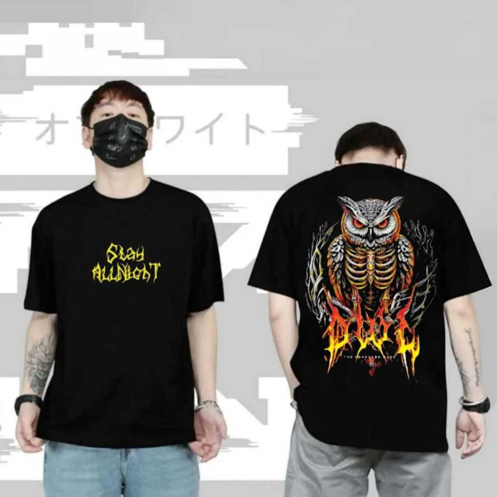 BAJU KAOS DISTRO/T-SHIRT OWL BURUNG HANTU STAY ALLNIGHT/KAOS MOTIF BURUNG HANTU/PAKAIAN PRIA WANITA 
