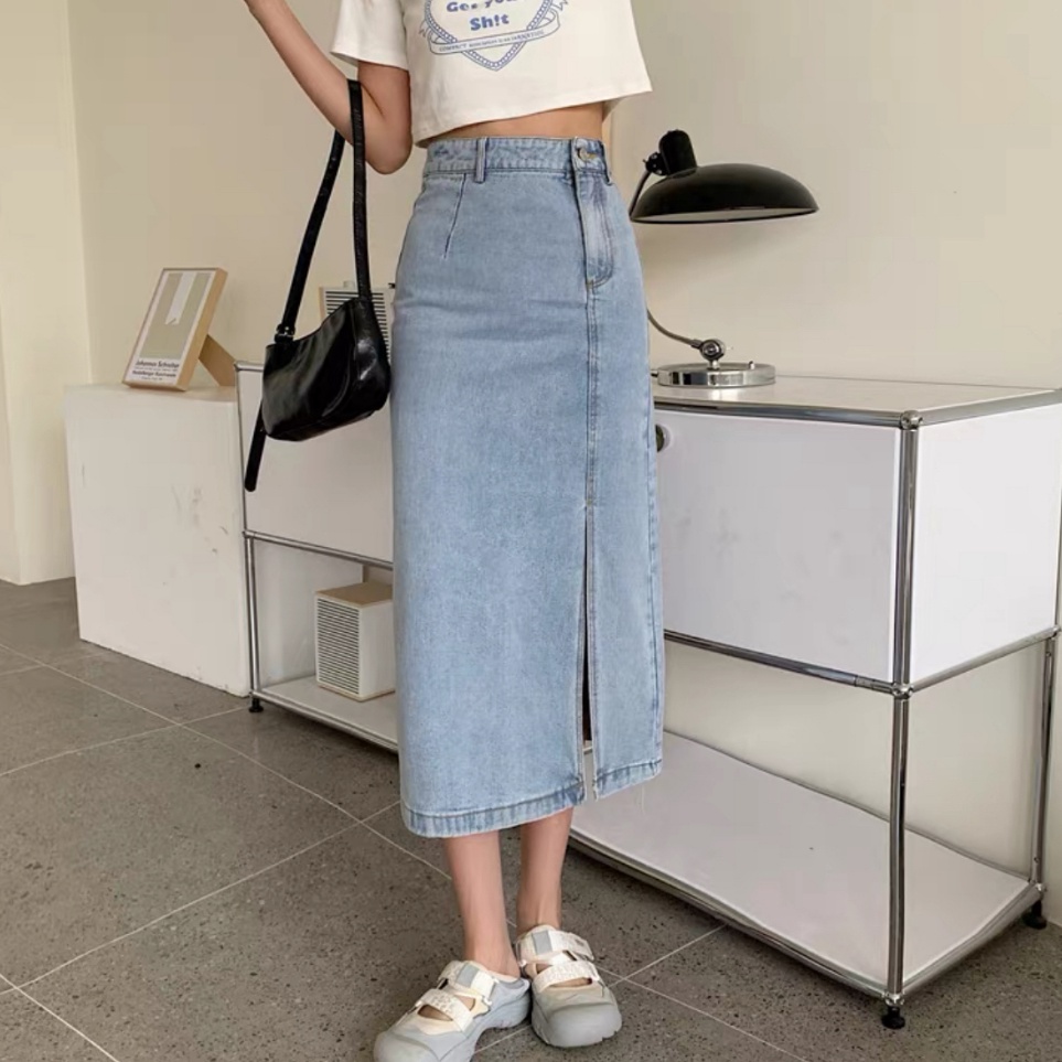 KODE H1L lybhstore Rok dres aline skirt Rok panjang denim aline skirt Korean style midi slit SkirtRo