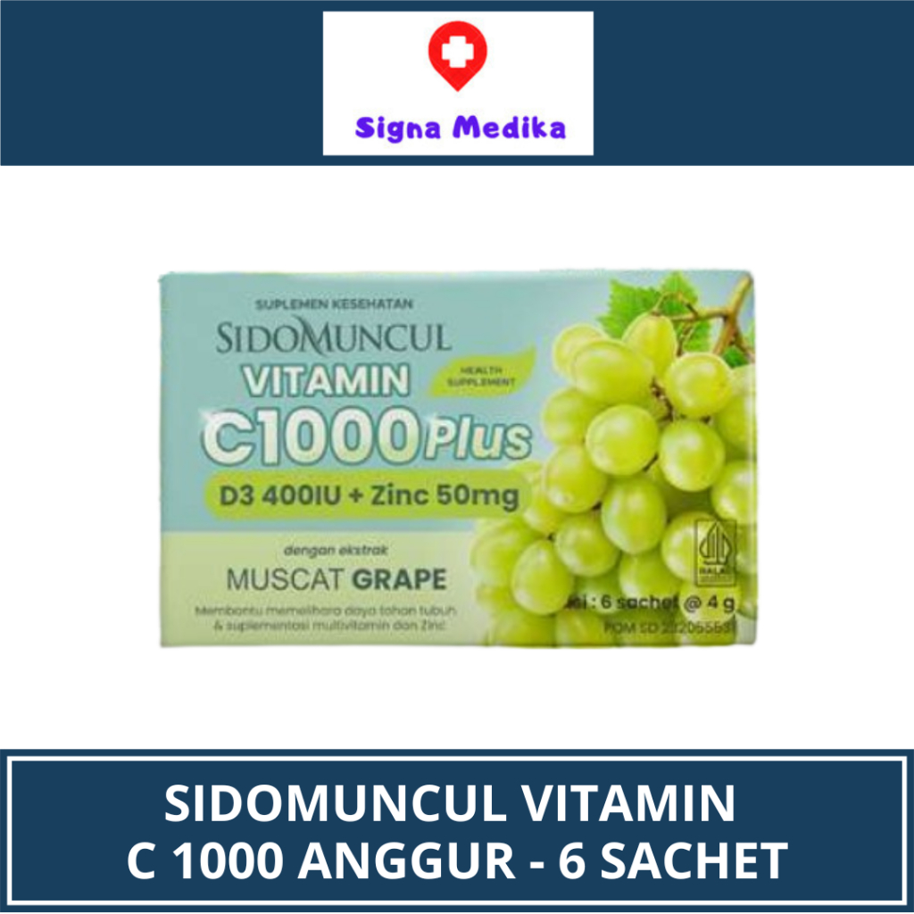 

SidoMuncul Vitamin C 1000 Plus D3 400 IU + Zinc 50mg Anggur Isi 6 Sachet