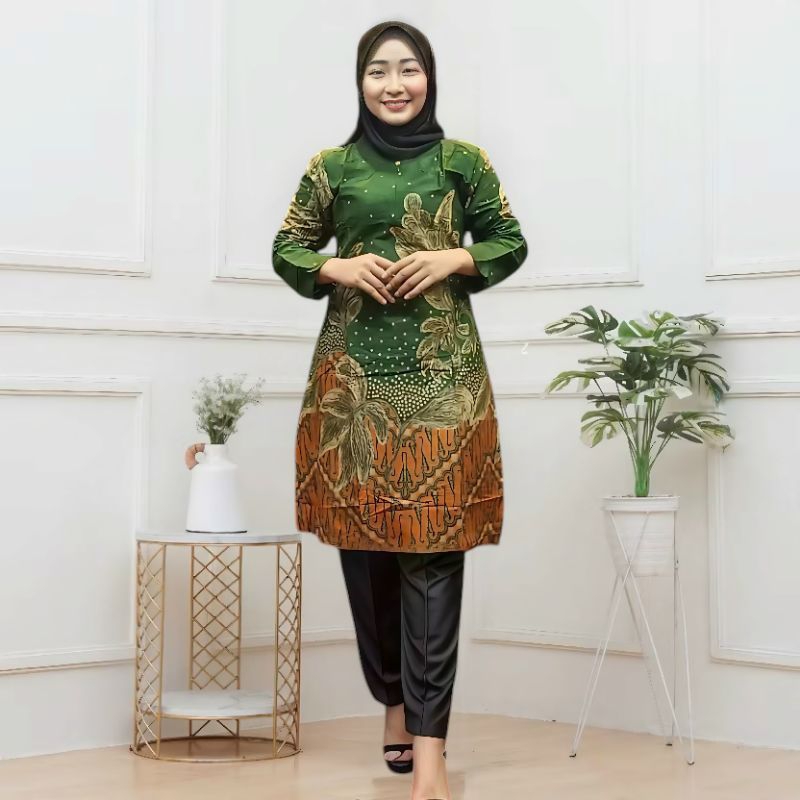 Fatih Batik Medan - Batik Wanita Tunik Resleting Lengan Panjang Bahan Katun TN5341 Seragam Batik Wan