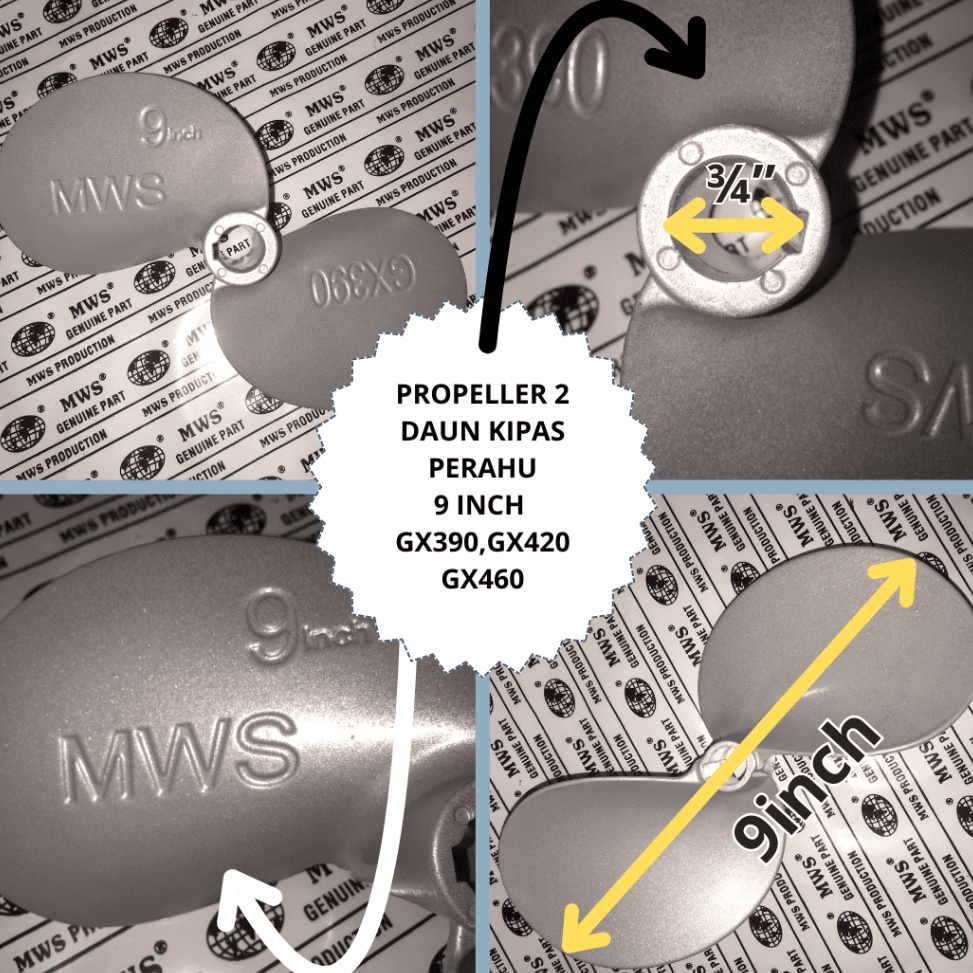 GX27 GX39 GX42 GX46 9INCH 9 LUBANG AS 34 PROPELLER ALUMUNIUM 2 DAUN KIPAS PERAHU BALING BALING SAMPA