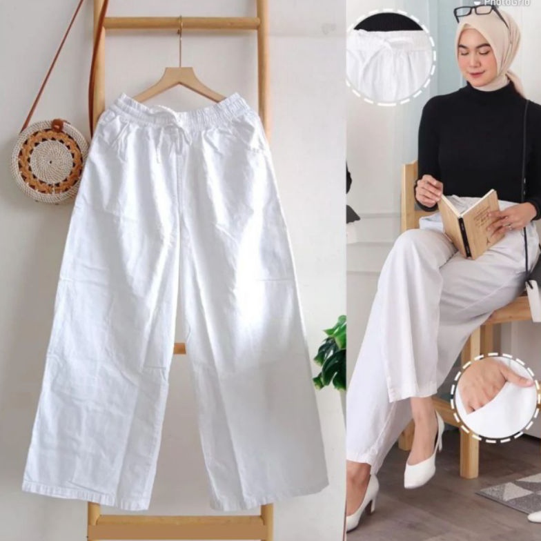 KODE W14V KULOT JEANS PUTIH PINGGANG FULL KARET  KULOT WARNA HITAM PUTIH CREAM COKLAT KULOT MOZZA PI