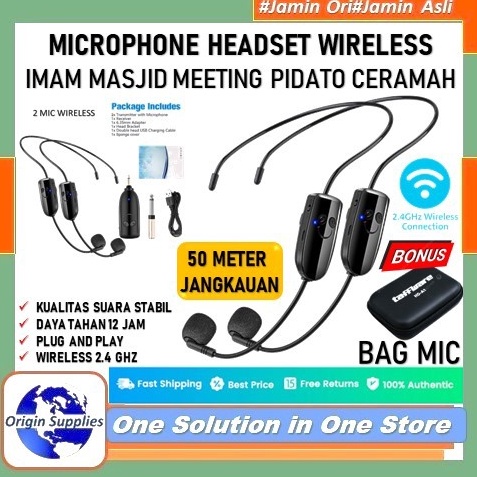 Microphone Mic Clip On Wireless Imam Masjid Bando UHF 24G Mikrofon Telinga Jepit Presentasi Tur Mush