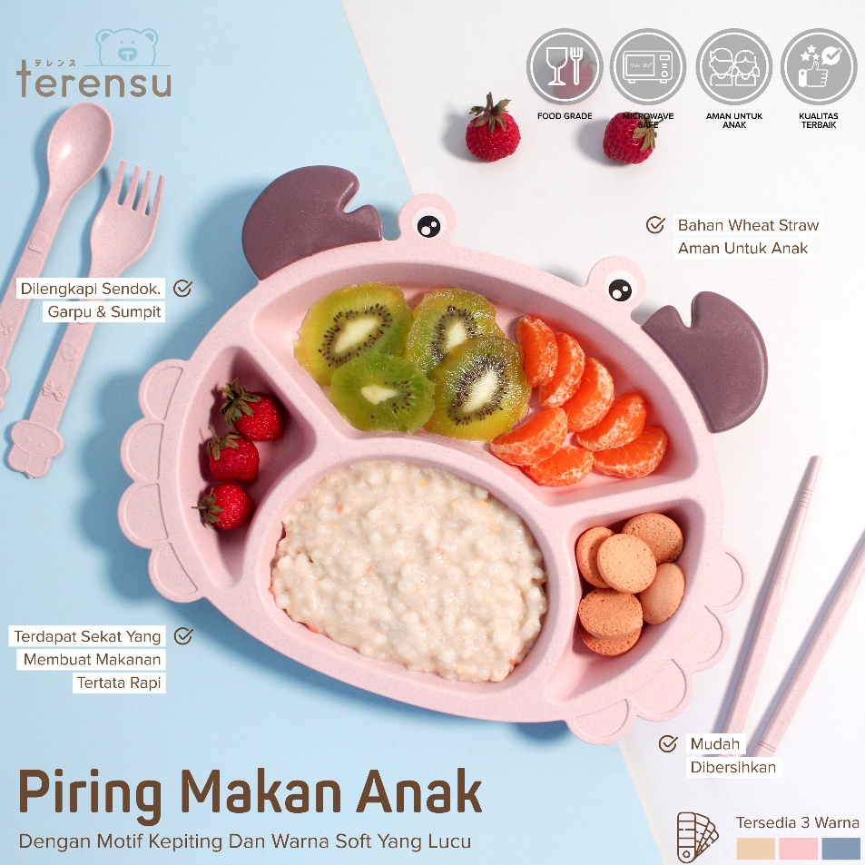 Terensu Piring Makan Anak  Sendok Garpu Sumpit Motif Kepiting Set Perlengkapan Makan
