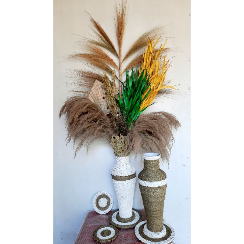 set bunga kering dan pot/vas guci/vas rotan/vas t50 cm/bunga kering/bunga hiasan ruang tamu/dekorasi