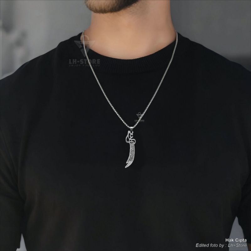 OP0 Kalung Titanium Liontin P'dang Imam Ali Zulfikar Kalrafi Arab Islam Muslim Pria Wanita