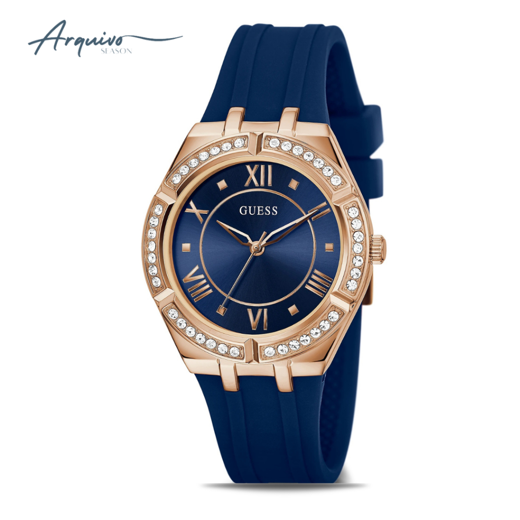 Jam Tangan Guess Wanita Cosmo Silicone Rubber Blue Case Rosegold Mewah Casual Original GW0034L4