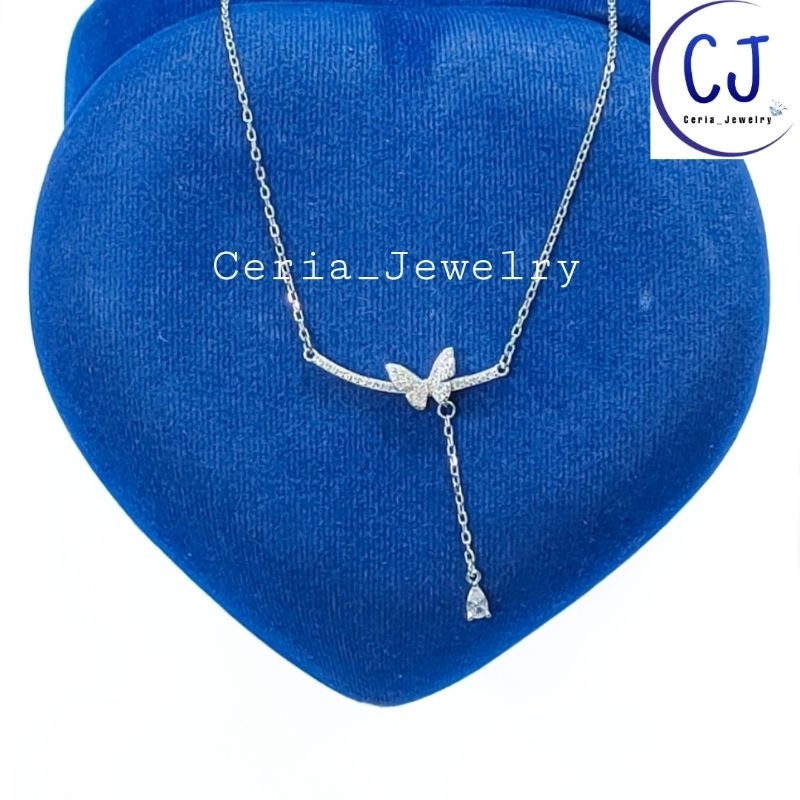 Kalung Perak Asli Silver 925 Lapis Emas Putih Asli Rantai Nori Polos Kalung Kupu- Kupu Permata - Kal