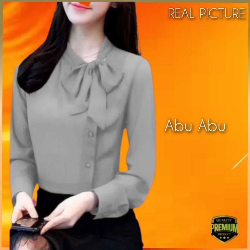 Atasan Wanita TM 7352 Baju Kemeja Blouse Kerja Elegan Korea Abu Abu