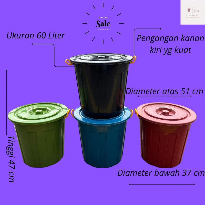 EMBER AIR PLASTIK + TUTUP 60 LITER WARNA / EMBER PLASTIK BESAR JUMBO / EMBER / BAK