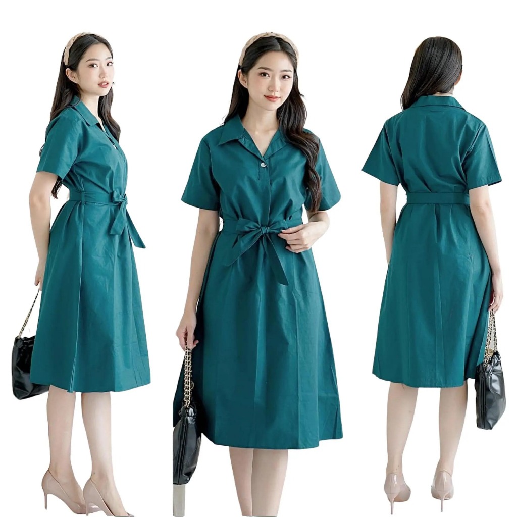 Midi Dress Wanita Modern Korean Style Fit dan Flare Gaun Cewek Remaja Kerah Collar Katun Kekinian