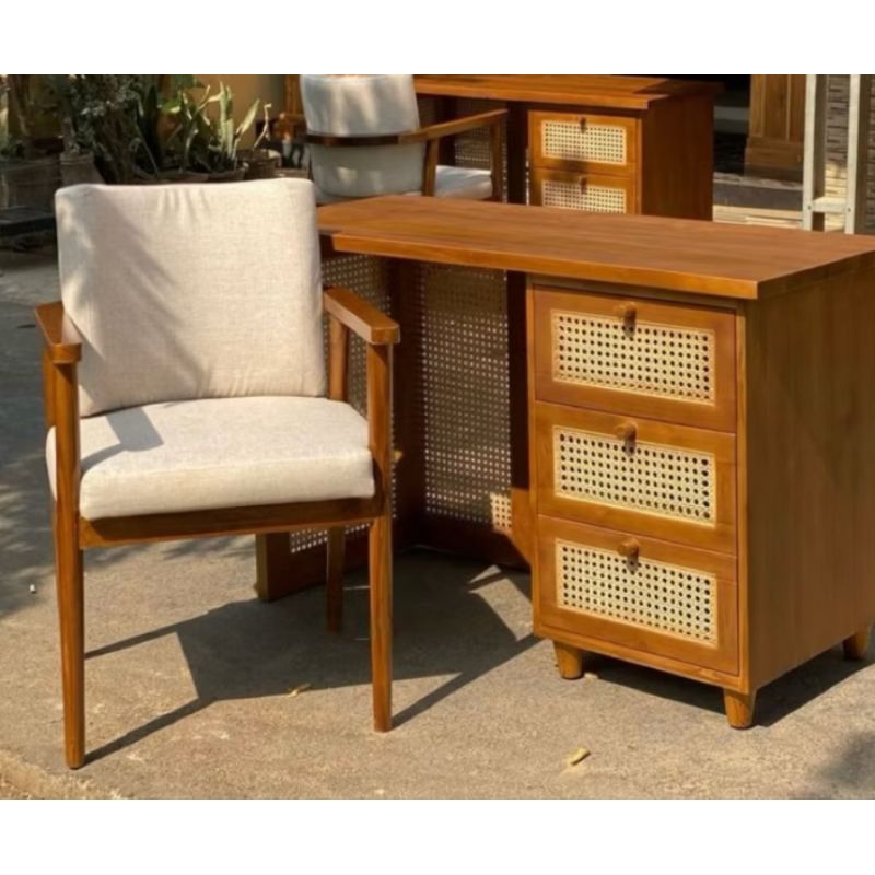 set meja belajar rotan/set meja kantor/meja kerja