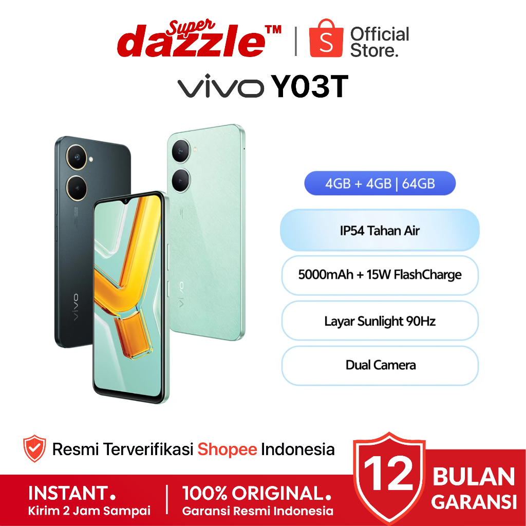 [ TERLARIS ] HP Vivo Y03T 4/64 GB Original 100% Garansi Resmi 12 Bulan VIVO Official Store Indonesia