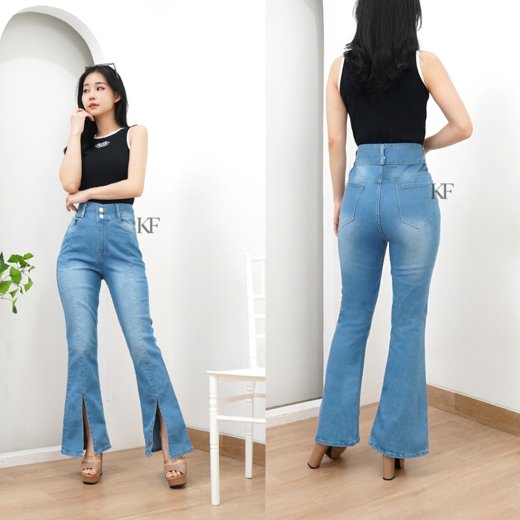Celana Jeans Highwaist Cutbray Wanita - Celana Jeans Gloria Flare Kancing 2 Belah Depan