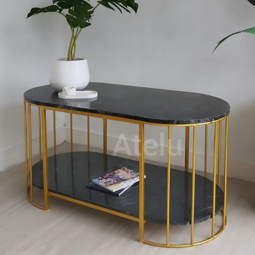 Meja Oval Ruang Tamu - Meja Oval Minimalis - Meja Oval Marmer Replika - Meja Oval 2 Tingkat