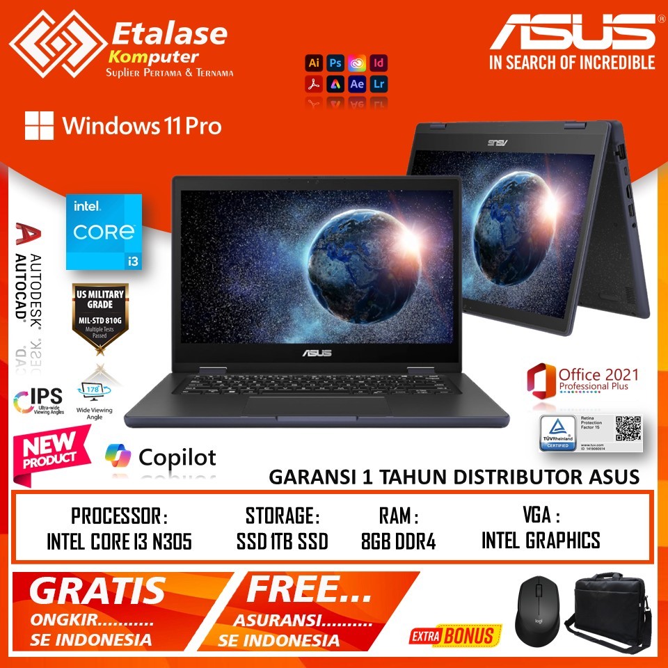 Laptop Touchscreen Asus BR1402FGA P31T Intel Core I3 N305 Ram 8GB 1TB Fhd Windows 11 Pro Plus stylus